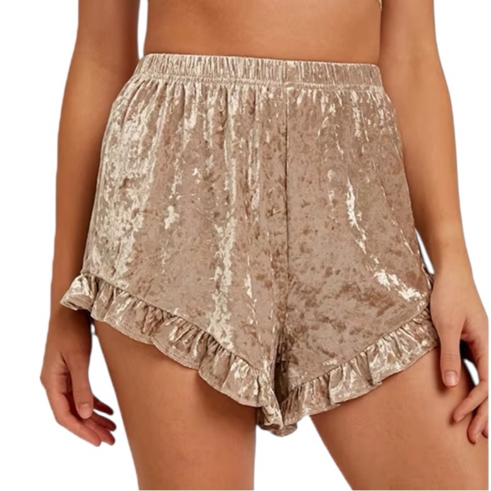 Listicle Velvet Tan Crushed Ruffle Shorts